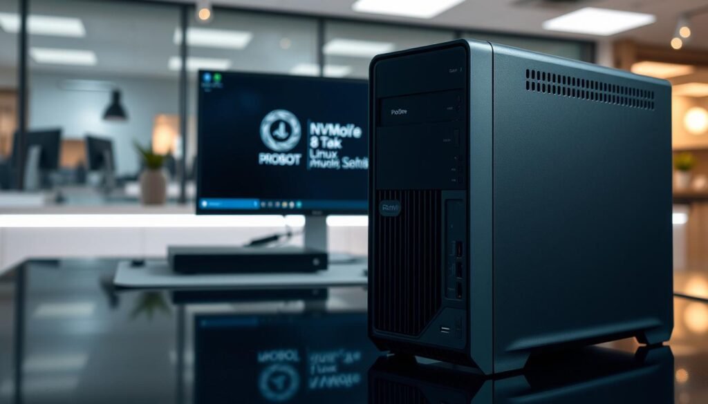 A ProOne 240 G10 desktop computer is positioned prominently in the foreground, showcasing its sleek, modern design and dual boot functionality. The system’s ports and components are clearly visible, emphasizing its capability to run both Windows and Linux. In the middle ground, there’s an elegant workspace with an NVMe 8 TB storage device and a monitor displaying a dual boot menu, facilitating a sense of advanced technology. The background features a soft-focus office environment with subtle lighting, creating a professional atmosphere. The scene captures a blend of innovation and practicality, with the overall mood being inspiring and focused on efficiency in tech. The lighting is bright and clear, highlighting all details with a slight depth of field effect to draw attention to the ProOne 240 G10.