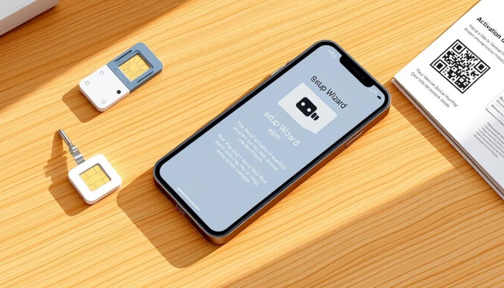 A brightly lit, high-resolution digital illustration of the preparation steps for activating an eSIM on an iPhone. The scene shows an open iPhone on a wooden desk, surrounded by various accessories like a SIM card tray ejector tool, an eSIM QR code, and a mobile device setup guide. The iPhone's screen displays a setup wizard guiding the user through the eSIM activation process. The lighting is soft and natural, creating a clean, modern aesthetic. The composition emphasizes the centrality of the iPhone and the ancillary items needed for the setup, conveying a sense of organization and preparedness. The overall mood is one of focused, step-by-step guidance for a straightforward eSIM activation.