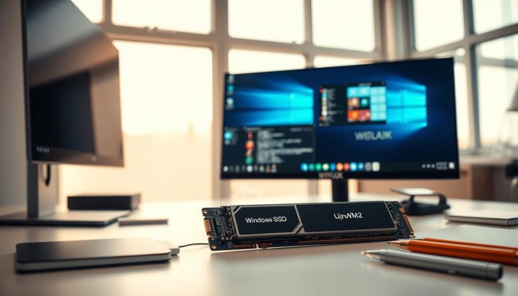 A clean, modern workspace showcasing the advantages of dual booting Windows and Linux. In the foreground, a sleek computer monitor displays both operating systems on split screens, highlighting their interfaces side by side. In the middle, have a high-end NVMe SSD prominently placed, open with its components visible, symbolizing fast storage capabilities. In the background, a large window allows natural light to flood the room, illuminating a minimalist desk with professional tools like notebooks and pens. The atmosphere is focused and innovative, reflecting a tech-savvy environment. Use soft, warm lighting to create an inviting mood, while maintaining a high-resolution clarity that emphasizes the technical elements. Capture the scene from a slight low angle to give an immersive perspective.