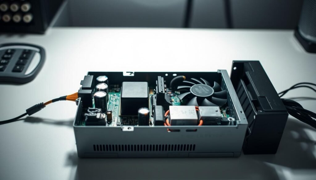 A close-up view of a disassembled power supply unit (PSU) on a clean, well-lit workbench. The PSU components are meticulously arranged, including the circuit board, capacitors, transformer, and cooling fan. The lighting is bright and even, creating crisp shadows that highlight the intricate details. The composition emphasizes the technical nature of the subject, inviting the viewer to study the inner workings of the PSU. The overall mood is one of focused troubleshooting, with a sense of methodical problem-solving.