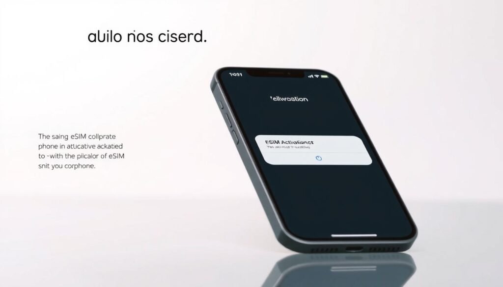 A detailed, step-by-step guide to activating eSIM on an iPhone, showcased in a clean, minimalist style. A large, well-lit iPhone screen takes center stage, with the eSIM activation menu prominently displayed. The interface should be crisp and easy to read, with clear icons and intuitive navigation. The background is a soft, neutral tone, allowing the iPhone to be the focal point. Subtle gradients and reflections create a sense of depth and dimensionality. The overall mood is professional, informative, and geared towards guiding the viewer through the eSIM activation process on an iOS device.