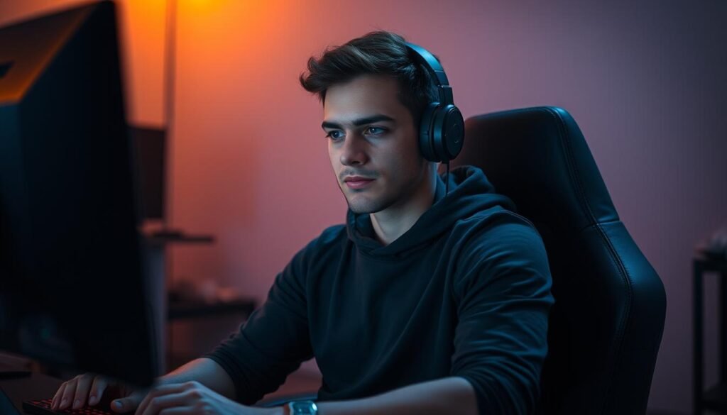 A focused professional esports athlete in optimal mental and physical condition, relaxed yet alert, sitting in a dimly lit gaming setup. The environment is minimalist and calming, with warm ambient lighting casting a soft glow. The athlete's expression is one of determination and concentration, their eyes fixed on the screen. The composition emphasizes the player's comfort and control, conveying a sense of readiness and composure. The scene evokes a meditative, high-performance mindset crucial for competitive gaming success.