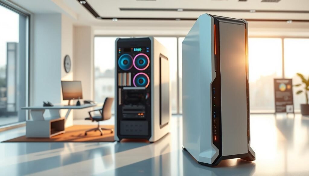 A futuristic all-in-one modular tower PC design for 2025, prominently featured in the foreground, showcasing sleek lines and a minimalist aesthetic. The tower includes customizable slots for multiple VGA cards and RAM, with glowing LED indicators highlighting its modern technology. In the middle ground, a well-lit workspace with a stylish desk and high-tech peripherals complements the tower, creating an inviting atmosphere. Soft natural light streams in from a large window in the background, creating a serene and professional environment. The overall mood conveys innovation and efficiency, emphasizing the advanced features of the product. Use a wide-angle lens to capture the entire setup, ensuring a clean and polished look, with a focus on the modular design without any text or overlays.