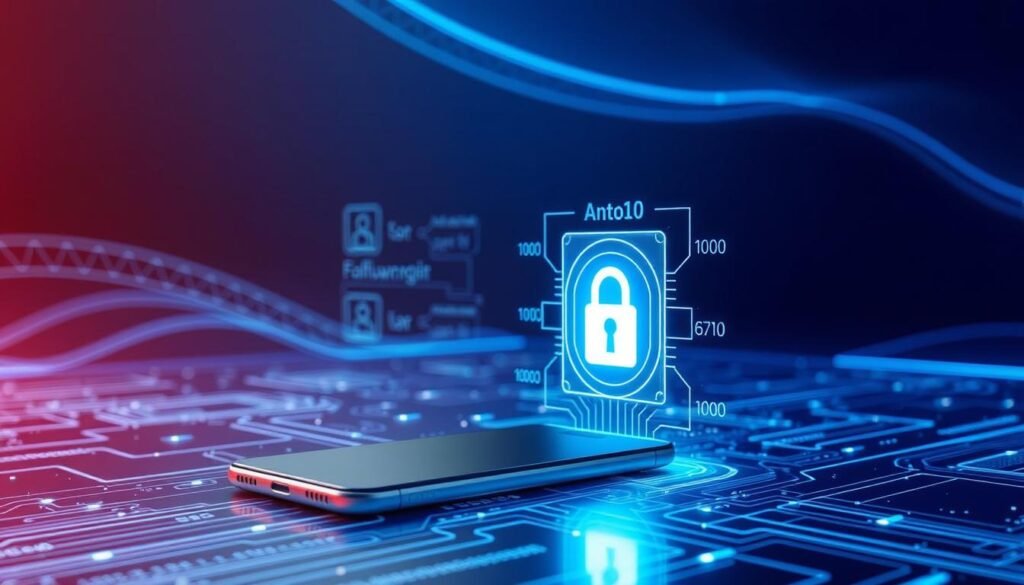 A futuristic digital landscape illustrating the concept of "Anti-Rollback Protection." In the foreground, a sleek, modern smartphone displaying a secure lock symbol surrounded by glowing circuits and data streams. The middle ground features a holographic representation of security protocols, with visual cues indicating multi-layered defenses and user authentication processes. In the background is a gradient of deep blues and blacks, evoking a high-tech atmosphere, with hints of binary code subtly integrated into the space. Soft, ambient lighting casts a professional glow across the scene, suggesting innovation and advanced technology. The composition is dynamic, drawing the viewer's focus to the smartphone's protective features, conveying a sense of safety and cutting-edge security in the digital age.