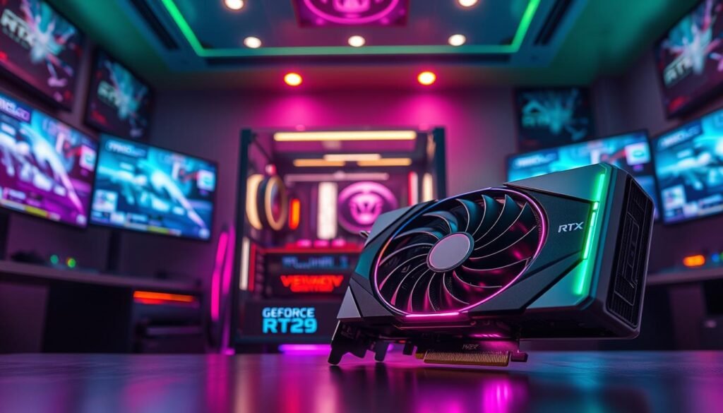 A highly detailed and realistic representation of the NVIDIA GeForce RTX 5090 graphics card, prominently featured in the foreground with its sleek, modern design. The card should be displayed at an angled view, showcasing its intricate cooling system and LED lights. In the middle ground, a high-end gaming PC setup can be seen, with a clear glass case reflecting ambient lighting. The background should depict a stylish gaming environment, filled with high-resolution screens displaying 8K graphics, emphasizing the power of the GPU. The lighting should be dynamic, with vibrant colors and a soft glow highlighting the RTX 5090, creating a tech-savvy, futuristic atmosphere. The overall mood should be energetic and innovative, perfect for illustrating cutting-edge technology.