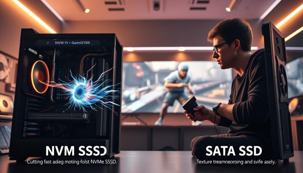 A meticulous comparison of the real-world gaming performance between a blazing-fast NVMe SSD and a traditional SATA SSD. In the foreground, two high-end gaming rigs side-by-side, their internal components meticulously detailed. The left rig features a cutting-edge NVMe SSD, its lightning-quick data transfers captured in a burst of animated energy. The right rig showcases a robust SATA SSD, its steady, reliable performance subtly conveyed. In the middle ground, two experienced gamers immersed in a visually stunning, fast-paced game, their expressions intense as they react to the subtle but tangible differences in loading times, texture streaming, and overall responsiveness. The background is a sleek, modern gaming environment, the lighting warm and atmospheric, creating a sense of focus and intensity. The overall scene conveys the technical prowess and real-world impact of NVMe SSD technology in the context of a captivating gaming experience.