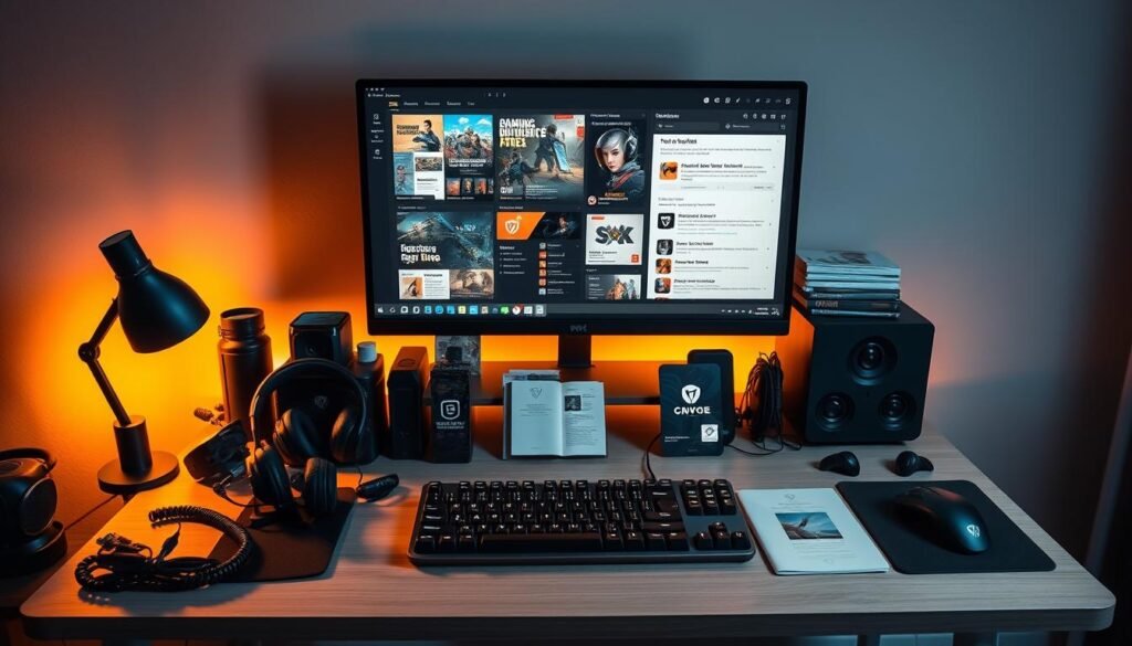 A meticulously curated collection of gaming tools and resources arranged on a neatly organized desk, illuminated by warm, directional lighting that casts subtle shadows, creating a sense of depth and emphasis on the key elements. The foreground features high-quality gaming peripherals, headphones, and a mechanical keyboard, while the middle ground showcases various reference materials, tutorials, and productivity apps displayed on a sleek monitor. The background subtly blurs into a minimalist, modern workspace, conveying a sense of focus and professionalism essential for enhancing ranked gameplay performance.
