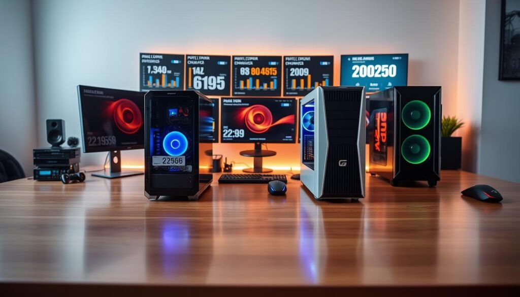 A modern desktop PC setup comparing specifications and prices, highlighting various components like the CPU, GPU, and RAM. In the foreground, feature three distinctive desktop towers with sleek designs, varying colors, and visible cooling systems, labeled with prices in an informative way. The middle shows a clean wooden table with tech accessories like mice and keyboards, illuminated by soft, warm LED lighting for an inviting atmosphere. In the background, include a curated display of monitors showcasing benchmarks and specs of each PC. The overall mood is professional yet engaging, with subtle reflections on a polished surface, captured at an eye-level angle to emphasize detail and clarity in a well-lit environment.