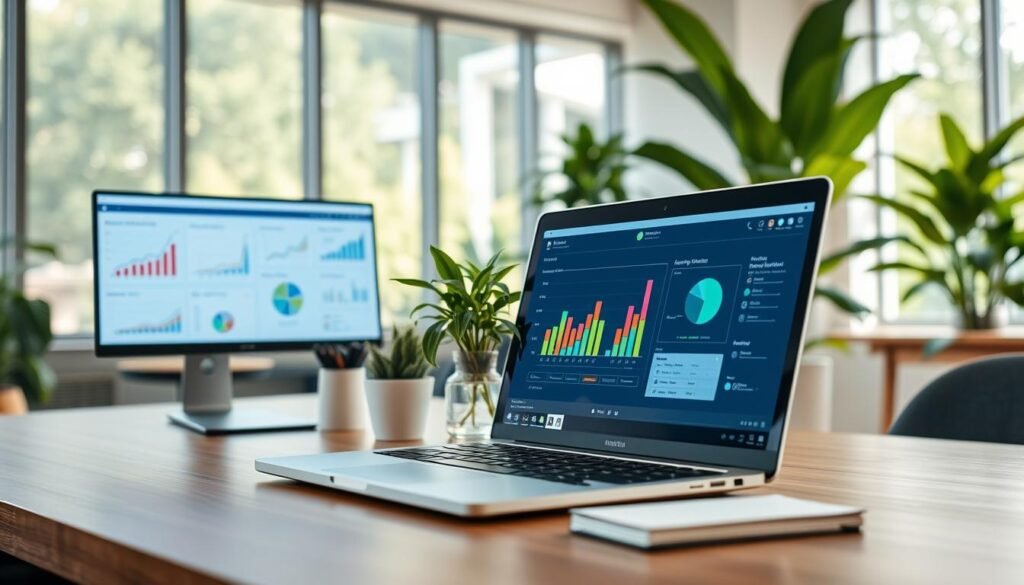 A modern desktop computer setup in a bright, eco-friendly office environment, showcasing various software functionalities on the screen. In the foreground, a sleek laptop displays vibrant graphs and charts highlighting efficiency metrics. In the middle, neatly arranged office items include a potted plant and a notepad, symbolizing a commitment to the environment. The background features large windows with natural lighting illuminating the space, reflecting a green approach to technology. The atmosphere is professional and inviting, emphasizing innovation and sustainability. Use a wide-angle lens to capture the entire scene, ensuring clarity and depth, with soft shadows to enhance the mood without any text or logos in the composition.