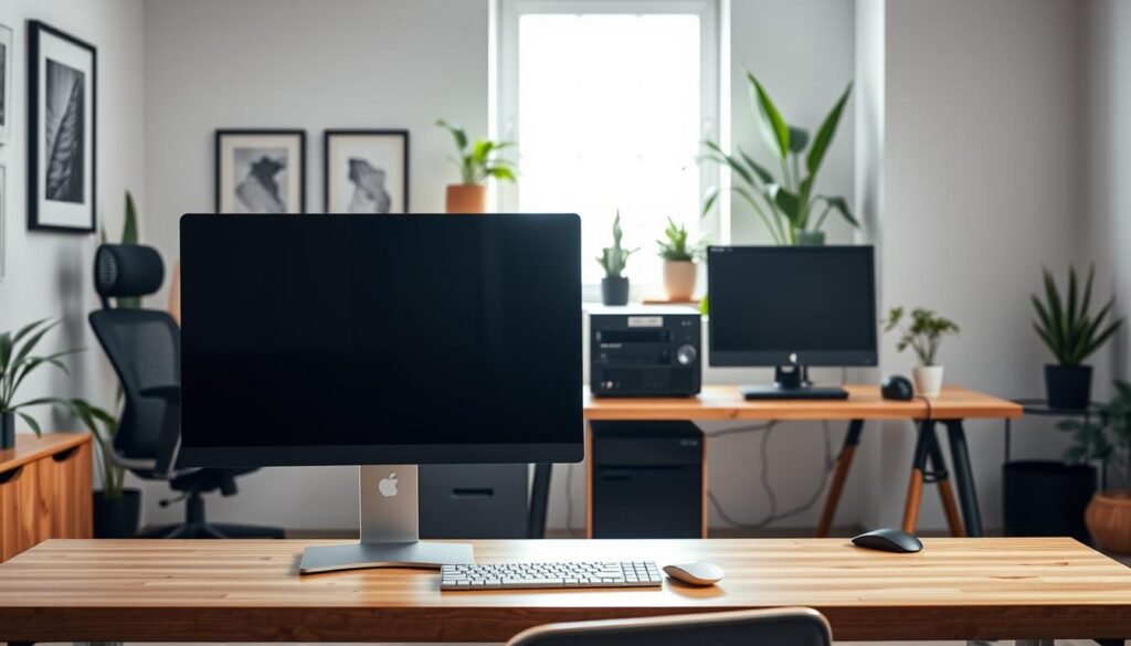 A modern small office setting showcasing a recommendation for computer products suitable for small businesses. In the foreground, a sleek all-in-one PC is placed on a stylish wooden desk alongside a comfortable ergonomic chair. In the middle ground, a desktop computer setup with a monitor, a compact CPU, and peripherals like a keyboard and mouse arranged neatly. The background features a bright window with natural light illuminating the space, decorated with indoor plants and minimalist wall art to create a professional and inviting atmosphere. The overall mood is productive and organized, emphasizing efficiency for a small office. The image should be captured from a slight angle, providing depth and perspective while ensuring clarity on the featured products.