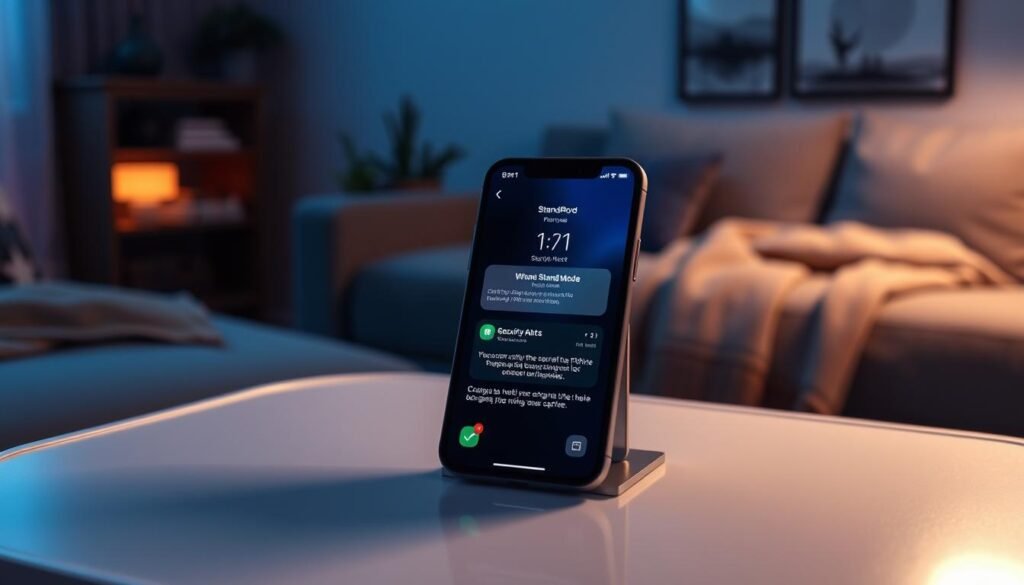 A modern smartphone displaying the iPhone StandBy Mode interface, focusing on the security and privacy features. In the foreground, the iPhone screen showcases a dimmed display with widgets related to time, battery status, and security alerts, all set against a softly glowing background. The middle layer features the iPhone positioned on a sleek side table, surrounded by a calming night environment, e.g., a dimly lit room with cozy decor. The background reveals a soft gradient of blues and purples, emulating a tranquil nighttime atmosphere. Soft, diffused lighting enhances the focus on the iPhone, with a slight reflection on the table surface. The overall mood conveys a sense of safety and privacy, highlighting the device’s protective features during StandBy Mode. A modern smartphone displaying the iPhone StandBy Mode interface, focusing on the security and privacy features. In the foreground, the iPhone screen showcases a dimmed display with widgets related to time, battery status, and security alerts, all set against a softly glowing background. The middle layer features the iPhone positioned on a sleek side table, surrounded by a calming night environment, e.g., a dimly lit room with cozy decor. The background reveals a soft gradient of blues and purples, emulating a tranquil nighttime atmosphere. Soft, diffused lighting enhances the focus on the iPhone, with a slight reflection on the table surface. The overall mood conveys a sense of safety and privacy, highlighting the device’s protective features during StandBy Mode.