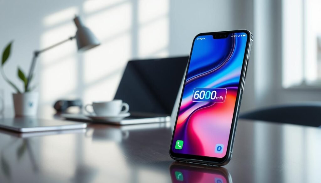 A modern smartphone, the Vivo Y100 A-series, prominently displayed in a sleek, contemplative setting. In the foreground, the phone's vibrant screen showcases its user-friendly interface, capturing the essence of its features, particularly emphasizing the impressive 6000mAh battery indicator. The middle ground subtly incorporates a stylish, minimalistic workspace with soft natural lighting, enhancing the phone's polished finish. In the background, hints of technology and lifestyle elements blend harmoniously—perhaps a laptop and a coffee cup—to convey a sense of productivity and leisure. The overall mood is bright and optimistic, reflecting reliability and efficiency. The composition is shot from a slightly elevated angle to create depth and focus on the device, captured with a soft-focus lens for a professional, polished aesthetic.