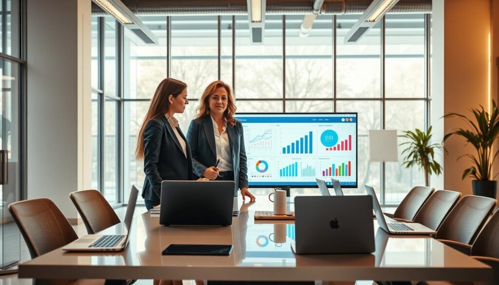 A modern workspace showcasing the advantages of specialized software for entrepreneurs. In the foreground, a diverse group of professionals—two women and one man—collaborate around a sleek table filled with laptops and digital devices, dressed in smart business attire. The middle ground features a large screen displaying charts, graphs, and progress indicators, symbolizing growth and efficiency. The background reveals a bright, open office space with large windows letting in natural light, emphasizing a vibrant and dynamic atmosphere. The lighting is warm and inviting, enhancing a sense of productivity and innovation. Capture a balanced composition using a wide-angle lens to depict collaboration and technological integration in the entrepreneurial world.