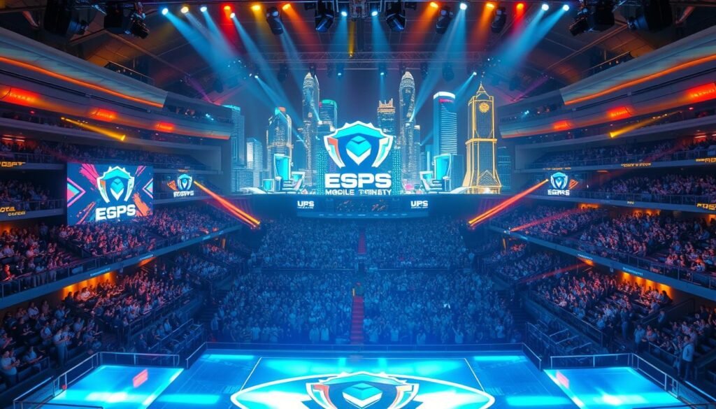 A prestigious esports tournament taking place in a vibrant, futuristic setting. In the foreground, a massive stage with state-of-the-art lighting and holographic displays showcasing the event's branding and logo. In the middle ground, a packed stadium filled with cheering fans, their faces illuminated by the glow of their mobile devices. In the background, a gleaming, high-tech city skyline, with towering skyscrapers and neon-lit billboards. The scene is bathed in a warm, colorful lighting, creating an atmosphere of energy and excitement. The camera angle is elevated, giving a panoramic view of the entire spectacle. The overall tone conveys the grandeur, prestige, and scale of this premier mobile esports tournament.
