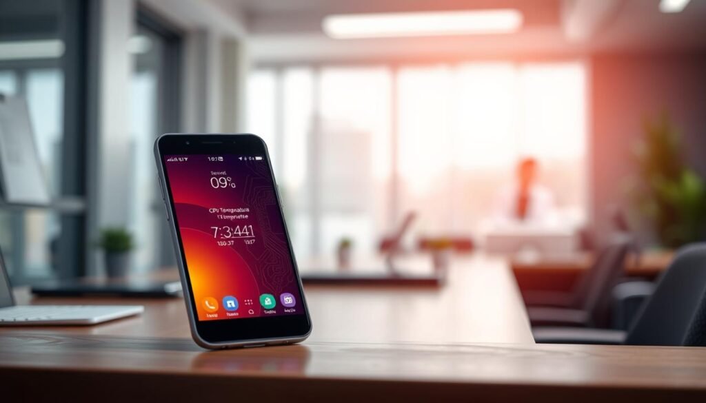 A sleek Android smartphone displaying a temperature monitoring application interface, set against a blurred office background. The foreground features the phone's screen, showcasing real-time CPU temperature readings with vibrant colors and graphs, emphasizing various Android versions compatibility. Soft, dynamic lighting highlights the phone while the background conveys a professional ambiance, with minimal clutter and subtle tech elements like circuit patterns. The lens focuses closely on the device with a shallow depth of field, enhancing the phone’s detail while softly fading the surroundings. The mood is modern and tech-savvy, inviting the viewer to understand the importance of temperature monitoring for performance optimization.