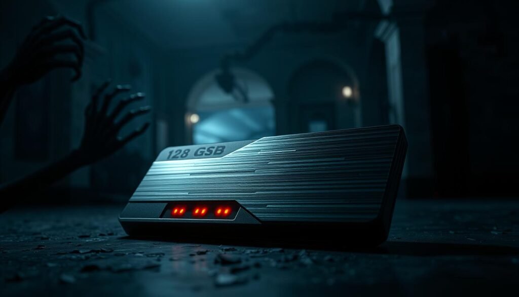 A sleek and futuristic 128 GB SSD designed for gaming, prominently displayed in the foreground. It's shown against a shadowy, horror-themed backdrop featuring ominous gaming elements like skeletal hands reaching from dark corners and ghostly silhouettes. Soft, dim lighting casts eerie shadows across the SSD, enhancing its metallic surface and making it shimmer subtly. The SSD is positioned at a slight angle to reveal its sleek design with glowing LED indicators. In the middle ground, hints of a dark, abandoned game environment are suggested, like crumbling walls and flickering lights. The overall atmosphere is tense and suspenseful, with a color palette of deep blacks, grays, and hints of red for a chilling effect. The image conveys an intense horror gaming experience, ideal for highlighting games that fit within small storage limits.
