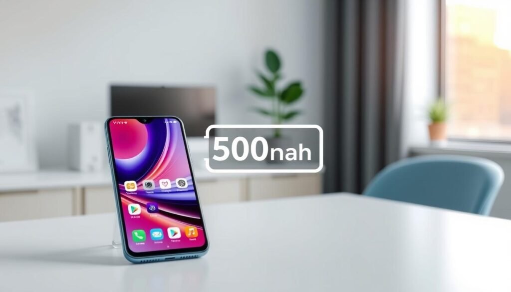 A sleek and modern smartphone, the Vivo Y100, prominently displayed in the foreground on a clean white surface, showcasing its stylish design. The phone screen is illuminated, highlighting its vibrant display with dynamic app icons, while its back features a glossy finish and a triple camera setup. In the middle ground, a subtle representation of a 6000mAh battery icon is artistically integrated, symbolizing the phone's impressive battery life. The background is softly blurred to emphasize the device, featuring a minimalist workspace with a hint of natural light coming from a nearby window, creating a fresh and inviting atmosphere. The overall mood is professional and contemporary, ideal for highlighting the specifications and performance of the Vivo Y100.