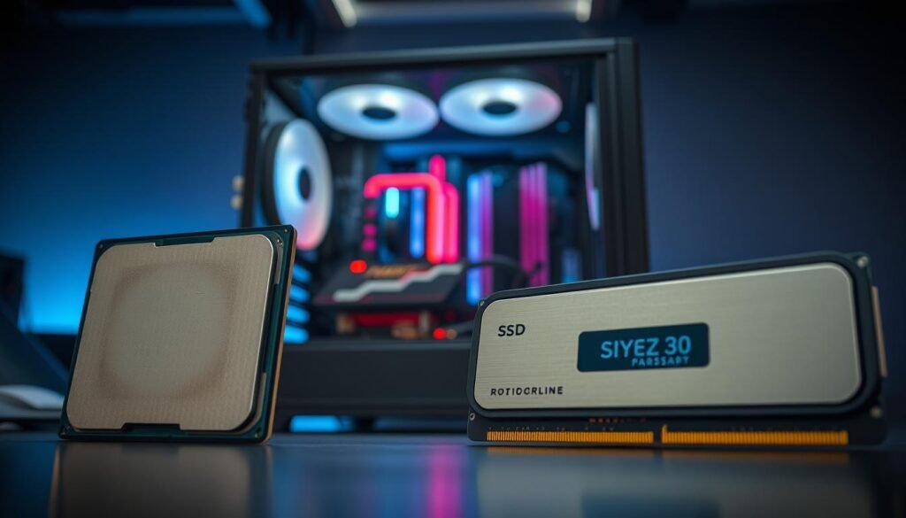 A sleek and modern workstation setup featuring the latest specifications of a processor, SSD hard drive, and RAM, positioned prominently in the foreground. The processor is showcased with intricate details, emphasizing its advanced architecture, while the SSD hard drive gleams with a polished metallic finish, labeled with technical specs. The RAM modules appear dynamic, with LED lighting effects. In the middle, a futuristic gaming PC case reveals transparent panels, allowing for a view of the colorful internal components. The background is softly blurred, suggesting a high-tech environment with subtle blue ambient lighting. The mood is cutting-edge and innovative, conveying the essence of a hybrid cooling system designed for silent performance in gaming. The shot is taken with a wide-angle lens, highlighting the equipment with dramatic, soft-focused lighting.