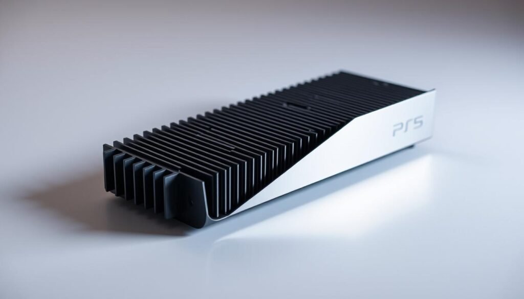 A sleek, budget-friendly SSD heatsink for the PlayStation 5, captured in a clean, well-lit studio setup. The heatsink is prominently featured, showcasing its low-profile design and efficient cooling capabilities. The metallic surface reflects a warm, subtle lighting, highlighting the textural details and the thoughtful engineering behind this affordable upgrade. The image conveys a sense of practicality and value, perfectly suited for a guide on upgrading the PS5 storage with a cost-conscious heatsink solution.