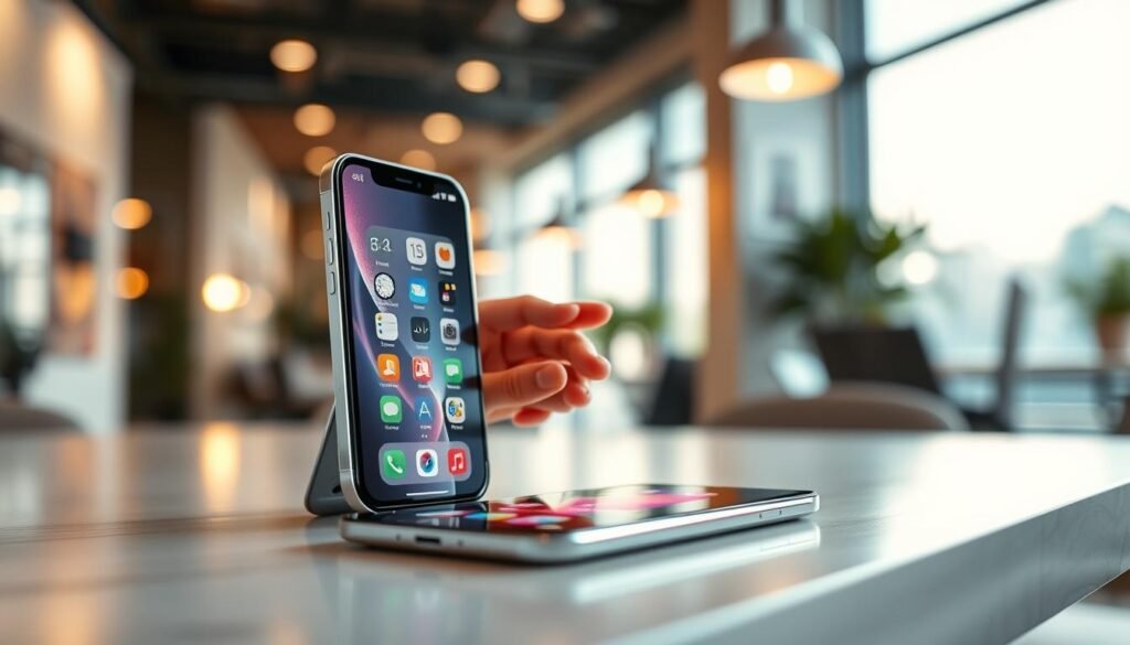 A sleek, futuristic iPhone with a foldable design, showcasing iOS 27 features. The foreground features the iPhone opened at a 90-degree angle, revealing a vibrant, user-friendly interface with dynamic widgets. In the middle ground, a close-up reveals a hand gently interacting with the screen, demonstrating seamless functionality. The background shows a blurred modern workspace with soft, diffused lighting, adding an atmosphere of innovation and sophistication. The scene is bathed in a warm, inviting glow, suggesting a late afternoon ambiance. The image composition employs a shallow depth of field to keep the focus on the phone while the surroundings remain subtly out of focus, enhancing the subject's prominence.