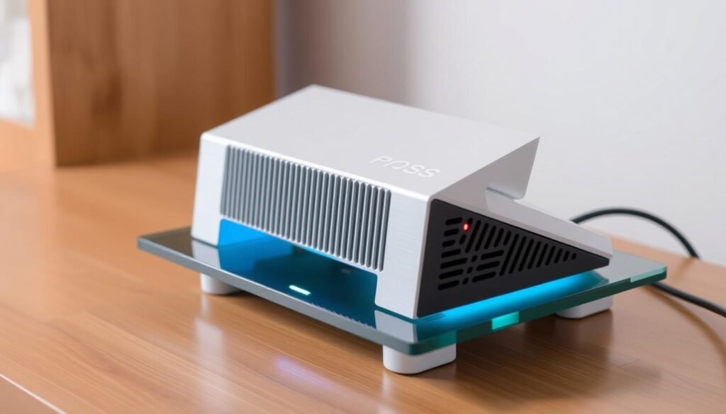 A sleek, minimalist cooling stand for a modern gaming console, designed to enhance airflow and prevent overheating. The stand features a tempered glass base, with a discreet LED indicator to monitor console temperature. Brushed aluminum side panels create a sturdy, premium frame, seamlessly complementing the console's sleek aesthetic. Carefully positioned air vents and a powerful yet whisper-quiet external fan work in harmony to efficiently draw heat away, maintaining optimal operating conditions for extended gaming sessions. The stand is positioned at a slight angle, providing both functional and visual appeal, elevating the console for enhanced airflow and a more immersive viewing experience.