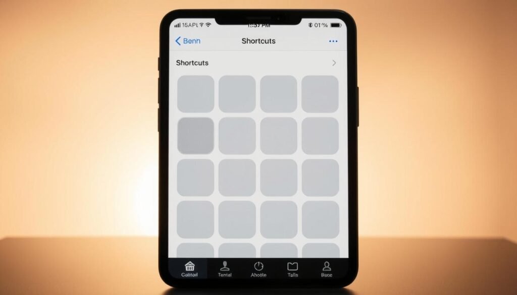 A sleek, minimalist custom shortcut interface on a modern iOS device. The shortcut tiles have a clean, elegant design with subtle gradients and shadows, arranged in a visually appealing grid layout. The background is a soft, muted gray tone that provides a calm, professional atmosphere. Warm, diffused lighting illuminates the scene, creating depth and a sense of depth. The camera angle is slightly elevated, giving a balanced, well-composed view of the entire interface. The overall aesthetic conveys a sense of productivity, efficiency, and user-friendliness for the custom shortcut experience.