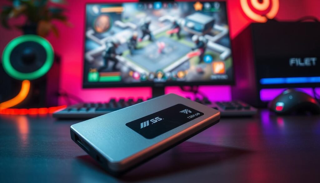 A sleek, modern SSD with a 128 GB capacity, prominently displayed in the foreground, showcasing its compact design and metallic finish. The background features elements of a gaming setup, such as a stylish gaming monitor displaying an engaging strategy game interface, colorful RGB lighting subtly illuminating the scene. Soft, diffused lighting creates a warm, inviting atmosphere, emphasizing the SSD's portability and efficiency for gaming. A low angle perspective captures the SSD prominently against the backdrop of the gaming gear, conveying a sense of urgency and excitement. The overall mood is energetic and focused, ideal for highlighting lightweight strategy games that run efficiently on a 128 GB SSD.