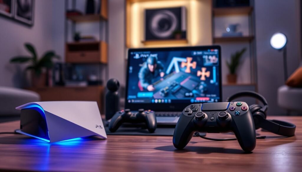 A sleek, modern gaming setup featuring a PlayStation 5 console prominently displayed in the foreground, its elegant design illuminated by soft blue LED lights. In the middle, a high-resolution laptop screen shows a vibrant gaming interface, seamlessly streaming gameplay from the PS5. Surrounding the laptop, gaming accessories like a wireless controller and headphones add to the atmosphere. The background features a cozy room ambiance with a stylish bookshelf and ambient lighting, creating a tech-savvy yet comfortable environment. The overall mood is dynamic and focused, reflecting the excitement of gaming. The lighting is bright and inviting, enhancing the cool tones of the gaming gear. Use a wide-angle lens perspective to capture the entire scene effectively.