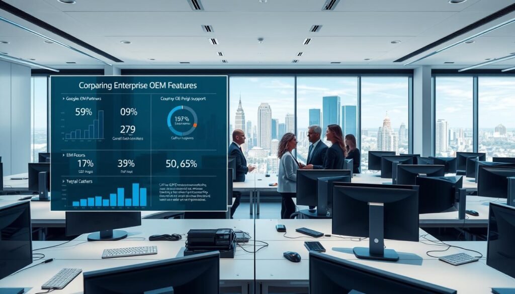 A sleek, modern office space filled with sleek computer workstations, showcasing a transparent display screen in the foreground comparing Enterprise OEM features. The left side highlights various graphs and metrics, with icons representing different OEM partners, such as Samsung, Google, and Nokia, displayed prominently. The middle section features a professional, diverse team of individuals in business attire, analyzing the data collaboratively. In the background, large windows reveal a cityscape with a clear blue sky, symbolizing innovation and connectivity. Soft, natural lighting illuminates the scene, creating a productive atmosphere while maintaining a clean, futuristic aesthetic. The image emphasizes the collaborative and competitive aspects of OEMConfig support among leading brands in the 5G smartphone landscape.