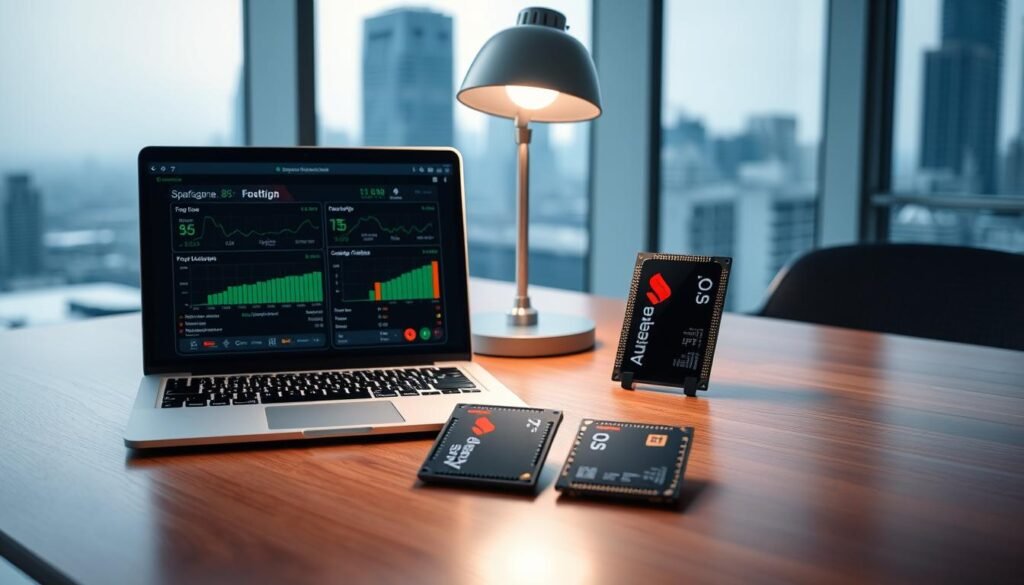 A sleek, modern workspace featuring two flagship smartphone chipsets prominently displayed on a polished wooden table. In the foreground, an open laptop shows detailed specifications and comparative graphs of the Snapdragon 8s Gen 3 and its predecessor, along with competing chipsets. The middle layer includes the chipsets themselves, elegantly arranged with labels to highlight their features, while a brightly lit LED lamp casts soft light on them, creating a focused spotlight effect. The background showcases a blurred city skyline through a large window, enhancing the high-tech atmosphere. The overall mood is professional and informative, aimed at tech enthusiasts and industry professionals, conveying innovation and competitive advancement in mobile technology.