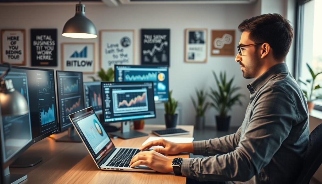 A successful entrepreneur working intently at a modern workspace, surrounded by various software tools displayed on multiple screens. The foreground features a focused individual, dressed in smart casual attire, analyzing graphs and charts on a laptop, illuminated by a soft, warm desk lamp. In the middle, sleek software applications visible on computer monitors showcase data analytics and business performance, highlighting the impact of specialized software on entrepreneurship. The background includes motivational posters and plants that enhance the ambiance, with natural light filtering in from a large window, creating an inspiring atmosphere. Use a wide-angle perspective to capture the dynamic environment, conveying a sense of innovation and success in the entrepreneurial journey.