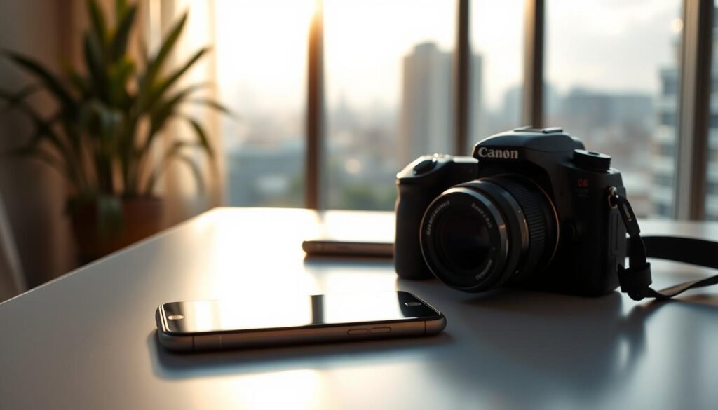 A tranquil workstation, illuminated by warm, natural light streaming through large windows. On the clean, minimalist desk, a sleek smartphone rests next to a high-resolution DSLR camera, both poised for capturing stunning visuals. The background showcases a serene, blurred cityscape, hinting at the boundless creative possibilities. The scene exudes a sense of focus, efficiency, and the seamless integration of technology into a productive, inspiration-driven workflow.