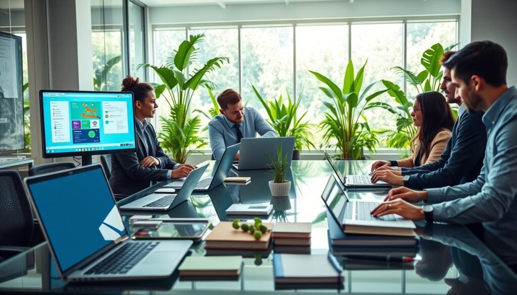 A vibrant and modern workspace featuring popular software applications on sleek computer screens, in a bright and airy office setting. In the foreground, a diverse group of professionals in business attire is engaged in a collaborative discussion over digital devices. The middle ground showcases a large glass table filled with laptops, tablets, and environmentally friendly materials such as plant-based notebooks. The background features a large window with natural light pouring in, illuminating green plants and a serene view of nature outside. The overall atmosphere is one of productivity, innovation, and sustainability, with a palette of greens and blues to emphasize the "green" theme.