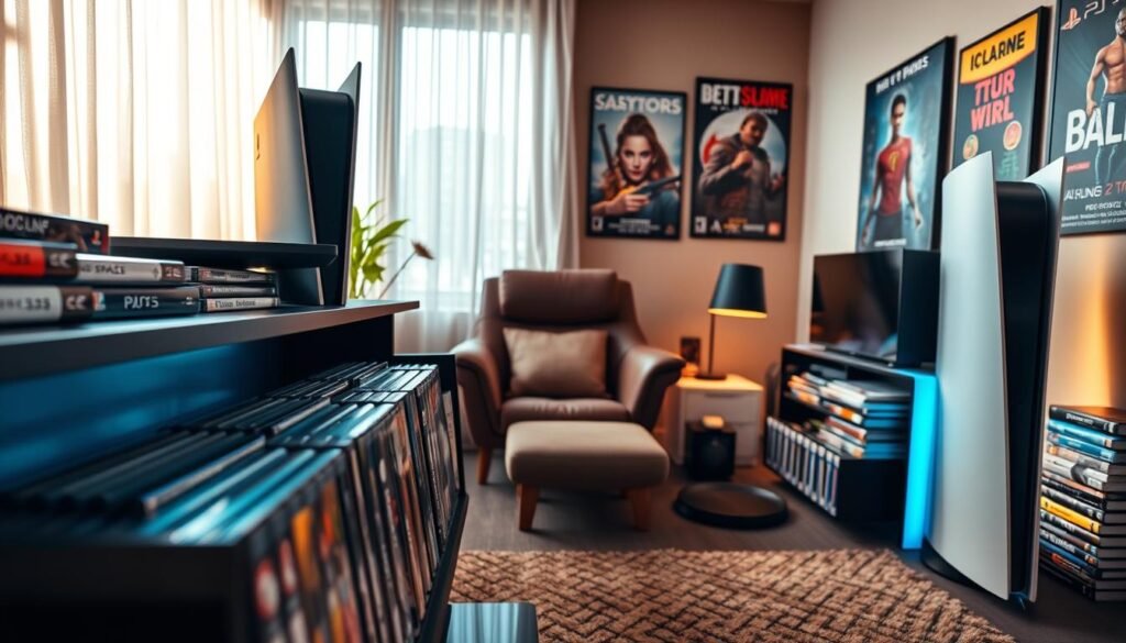 A vibrant, modern game library showcasing exclusive console games for PlayStation 5, set in a stylish home environment. In the foreground, neatly organized game cases line a sleek black shelf, with the iconic PS5 console placed prominently, glowing softly in warm white light. In the middle, a comfortable gaming chair with a plush cushion invites players, surrounded by stylish décor like posters of top exclusive titles. The background features a large window with sheer curtains, allowing natural sunlight to filter in, enhancing the cozy atmosphere. The overall mood is lively and inviting, reflecting a passionate gamer’s haven, perfect for immersing in exclusive and cross-platform titles. The image is captured from an angle that offers a dynamic view of the room, emphasizing the gaming setup.