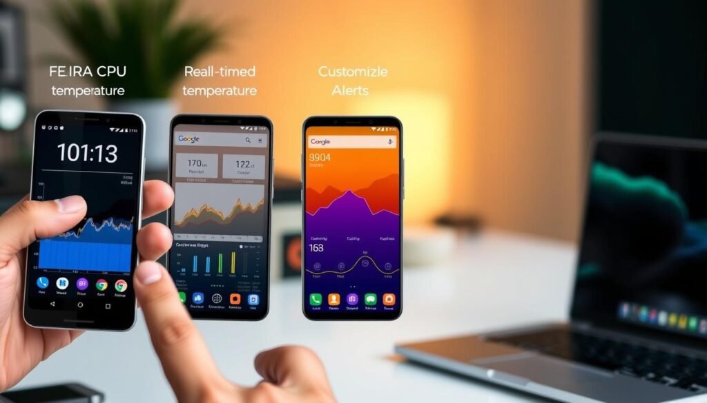 A visually engaging comparison of popular CPU temperature monitoring apps, showcasing three distinct app interfaces side by side on a sleek Android smartphone. In the foreground, a hand interacts with the phone's touchscreen, highlighting features like real-time temperature graphs, customizable alerts, and sleek design. The middle layer includes vivid representations of each app's unique color scheme and layout, contrasted against a modern workspace with soft ambient lighting. In the background, subtle elements of technology, like a blurred laptop and ambient lighting, add depth. The mood is professional and tech-savvy, emphasizing clarity and functionality. The entire scene is captured with a medium-depth focus, ensuring the app details are sharp while keeping the background slightly soft.