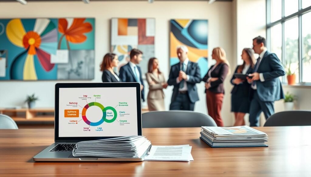 A visually engaging illustration depicting various software license types. In the foreground, a stylish, modern desk features an open laptop displaying a colorful infographic of different software licenses like open source, freeware, and shareware. A stack of legal documents is neatly arranged next to the laptop. In the middle ground, a diverse group of professional individuals, dressed in smart business attire, are engaged in a discussion about software licensing, looking at the laptop's screen. The background consists of a contemporary office environment with vibrant wall art and a large window allowing natural light to illuminate the scene throughout, creating a warm and focused mood. Capture the essence of collaboration and innovation without any text or distractions.