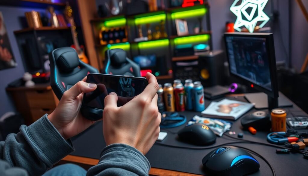 A well-equipped gaming setup with a high-end mobile device, headphones, and gaming peripherals takes center stage. The foreground shows a player's hands gripping a mobile device, with a focused expression on their face. The middle ground features a cluttered desk, with scattered gaming gear and supplies like energy drinks, snacks, and a gaming mouse. The background showcases a cozy, dimly lit gaming room, with shelves displaying trophies, gaming memorabilia, and LED-lit decor, conveying a sense of dedication and passion for esports. The overall atmosphere is one of intense preparation, with a touch of anticipation and excitement for the upcoming mobile esports tournament.