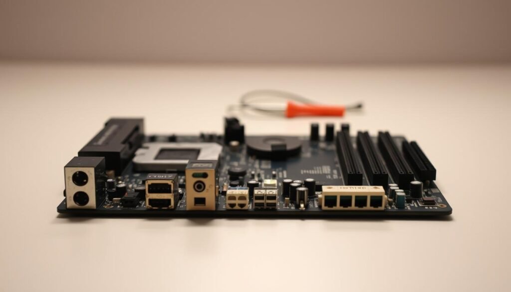 A well-lit, close-up view of a minimalist motherboard, its key components exposed and arranged neatly on a clean, neutral surface. The motherboard is positioned in the foreground, with a sharp focus and high level of detail, showcasing the essential parts like the CPU socket, RAM slots, and power connectors. The middle ground features a few small tools or testing equipment, hinting at the diagnostic process. The background is blurred, creating a sense of depth and emphasizing the subject. The overall mood is one of precision, technical focus, and problem-solving, conveying the idea of methodically troubleshooting a PC hardware issue.