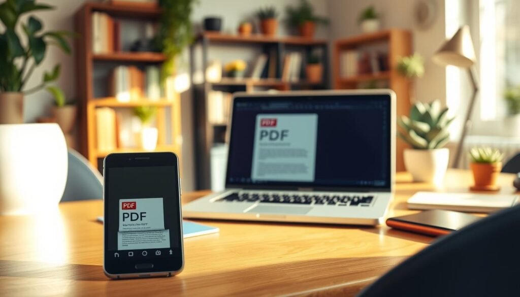 A well-lit home office scene, with a desk showcasing a smartphone in the foreground, its screen displaying a PDF document. In the middle ground, a laptop is open, its screen mirroring the PDF content. Warm, natural lighting fills the space, creating a cozy, productive atmosphere. The background features bookshelves, potted plants, and other office decor, suggesting a comfortable, organized workspace. The overall composition emphasizes the seamless sharing of PDF documents between Android devices, without the need for additional apps.