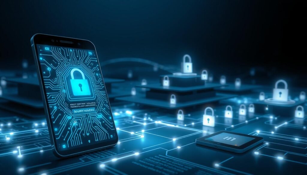 An abstract illustration representing the "Technical Details of the May Android Security Update". In the foreground, a sleek digital interface with intricate circuit patterns glows, featuring visual representations of security vulnerabilities being patched. The middle ground shows a layered landscape of modern technology elements, including smartphones and tablets with locks and shields symbolizing security. The background features a dynamic blend of dark blue and silver hues, creating a futuristic atmosphere with softly glowing lines connecting various elements, suggesting a network. The scene is illuminated by soft, diffuse lighting to highlight the technology, with sharp focus on the interface elements. The mood is serious and professional, evoking a sense of urgency and importance around security in technology.