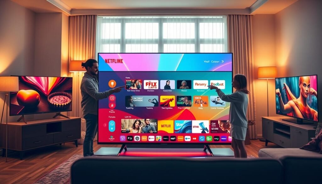 A captivating image of a modern living room showcasing various smart TVs with vibrant displays. In the foreground, a stylish smart TV with an ultra-slim design is prominently featured, displaying vivid colors and sharp images of streaming content. On either side, other smart TVs are displayed, highlighting diverse features such as voice control and connectivity options. The background reveals a cozy ambiance with soft lighting, accentuated by a warm glow from floor lamps and natural light pouring in through a large window. A family, dressed in casual yet presentable attire, interacts with the smart TV, pointing at features enthusiastically. The atmosphere conveys a sense of family togetherness and tech-savvy living. The scene is captured with a slightly angled perspective, creating depth and focus.