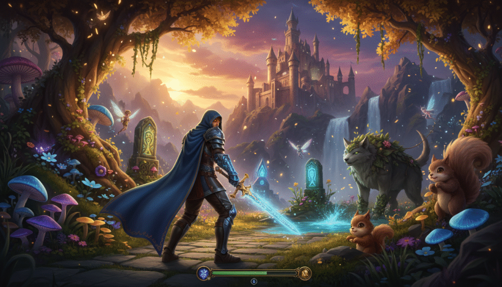 A captivating scene depicting the gameplay of "New Fable," showcasing a lush, enchanted forest filled with vibrant colors and detailed foliage. In the foreground, a heroic character dressed in intricately designed armor and a flowing cape wields a mystical sword, poised for action. The middle ground features whimsical creatures and interactive elements, hinting at the game's immersive mechanics. In the background, a picturesque, ancient castle looms under a dramatic sky, filled with a blend of warm twilight tones. Soft, ethereal lighting filters through the trees, creating a magical atmosphere. The composition should be dynamic, capturing a sense of adventure and exploration, with a visually striking angle that draws the viewer into this fantastical world.