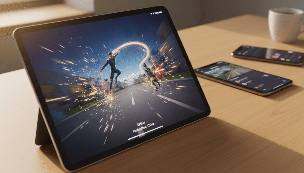 A captivating visual representation of the evolution of 120Hz display technology in Apple devices. In the foreground, feature an iPad Pro with a vibrant 120Hz screen showcasing a smooth gaming experience, highlighted by dynamic animations and fluid motion effects. In the middle ground, place an iPhone Pro displaying a sleek, modern interface with a game in action, emphasizing the crispness and responsiveness of the display. In the background, subtly include an iPhone in a relaxed setting, illustrating the progression to regular models. Use warm, inviting lighting to convey a sense of innovation and sophistication. Capture this scene from a slightly elevated angle, focusing on the devices while maintaining a clean and professional aesthetic, free from any text or distractions.