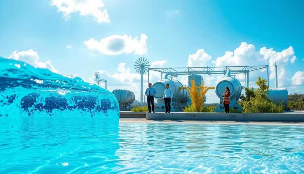 A clean, futuristic energy facility showcasing the advantages of environmentally-friendly osmotic power generation. In the foreground, vibrant blue water flows gently between two contrasting environments: pristine freshwater on one side and salty seawater on the other, symbolizing the osmotic process. In the middle ground, engineers in professional attire are inspecting advanced osmotic energy turbines that harness the energy from the water flow, showcasing innovative technology. The background features a bright, sunny sky with soft, fluffy clouds, hinting at a sustainable future. Natural greenery flourishes around the facility, emphasizing eco-friendliness. Use bright, natural lighting to create an optimistic atmosphere, with a focus on clarity and innovation. The angle should be slightly elevated, providing a comprehensive view of the harmonious integration of nature and technology.
