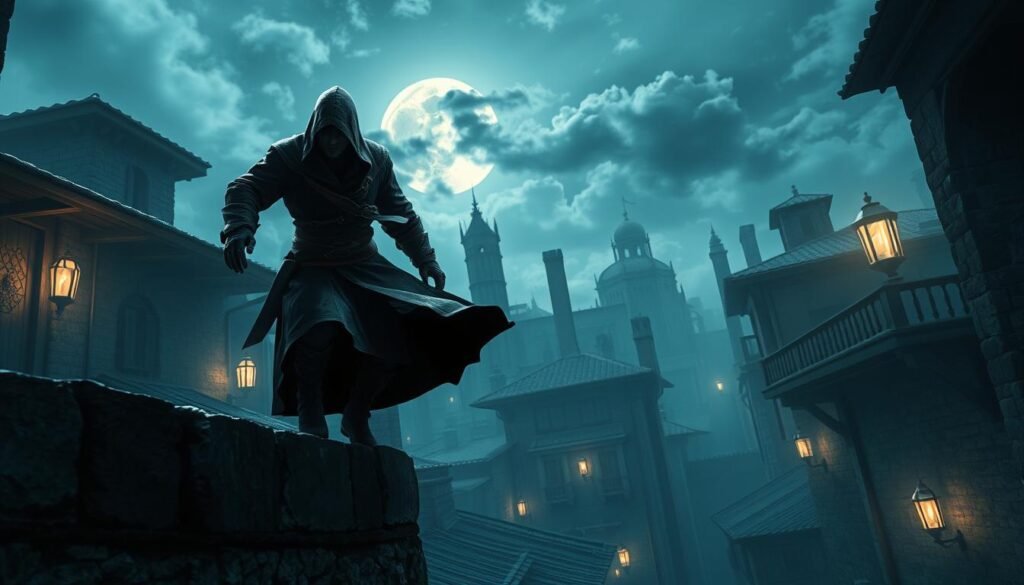 A cloaked assassin skillfully navigating through a dimly lit medieval urban environment, embodying stealth movement gameplay reminiscent of Assassin's Creed. In the foreground, the assassin, clad in dark, textured leather with a hood and a masked face, is poised to leap from a low stone wall. The middle ground features intricate architecture with narrow alleys and rooftops highlighted by flickering torchlight casting dynamic shadows. In the background, a full moon glows through wispy clouds, enhancing the atmosphere of suspense. The scene has a cinematic perspective, shot from a low angle to emphasize the assassin’s agility. A cool color palette with blues and grays accentuates the stealthy mood, suggesting a quiet yet tense moment in a bustling cityscape.
