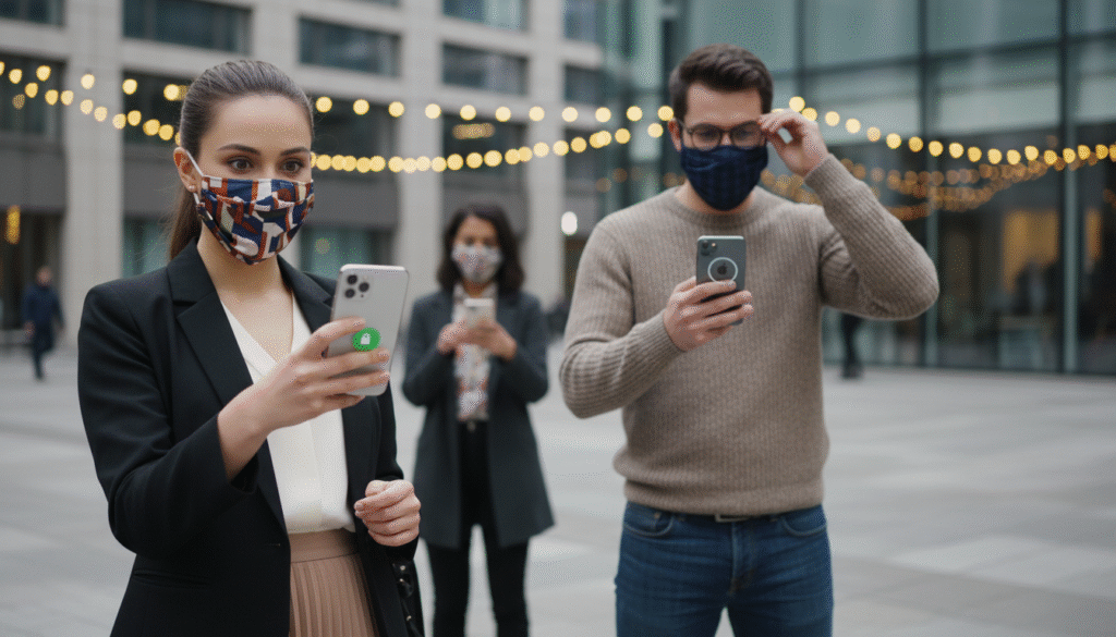 A close-up of a diverse group of individuals wearing stylish face masks, demonstrating the use of Face ID on their iPhones. The foreground features a young woman in professional attire holding her phone up, with her face partially covered by a fashionable mask, looking confidently at the device. In the middle ground, a man in smart casual clothing adjusts his glasses while glancing at his phone, showing an expression of focus. The background depicts a clean, modern urban setting with soft diffused lighting, emphasizing a warm and inviting atmosphere. The scene captures a sense of innovation and daily technology usage, showcasing the practical integration of Face ID while wearing masks in daily life.