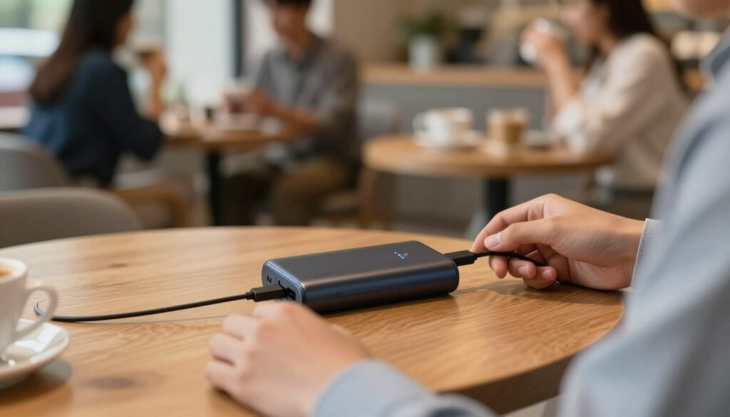 A close-up scene showcasing a person charging a power bank, specifically the Anker 737, in a cozy, modern cafe. In the foreground, the individual's hands, dressed in casual yet professional attire, connect a charging cable to the sleek power bank on a wooden table. In the middle, the power bank sits on the table, its LED indicator glowing softly to signify charging. The background features blurred patrons enjoying their coffee, with warm lighting creating a relaxed atmosphere. The image should evoke a sense of reliability and ease, highlighting the importance of having a dependable charging solution in everyday life. Capture this with a shallow depth of field, focusing on the power bank while softly blurring the background, emphasizing the user experience.