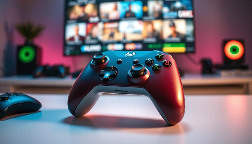 A close-up shot of a custom Xbox controller, showcasing its unique modular design with vibrant colors and personalized button layouts. In the foreground, the controller is placed on a sleek, modern gaming desk, highlighted by soft ambient lighting that enhances its vivid details. The middle ground features blurred gaming accessories, emphasizing the controller's tailored aesthetic. The background captures a cozy gaming setup, with a softly lit screen displaying various game genres, creating an inviting atmosphere for gamers. The overall mood is dynamic and energetic, illustrating the benefits of customization with a focus on individuality and comfort in gaming. The angle is slightly tilted upward to emphasize the controller's design features, inviting the viewer into the gaming experience.