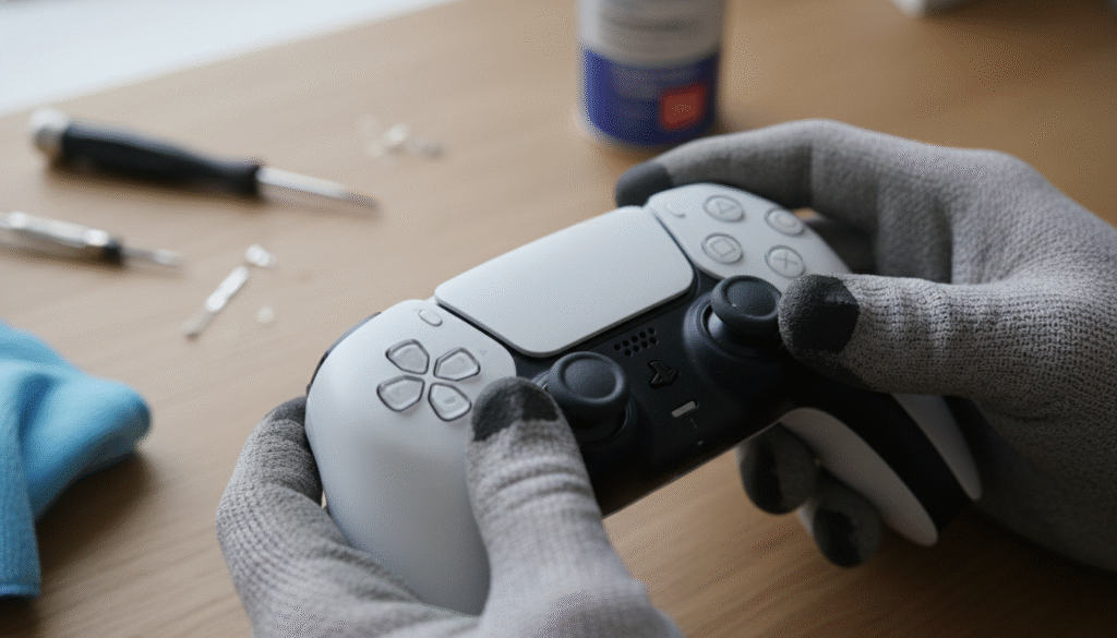 A close-up view of a DualSense Edge controller with a focus on the thumbstick, highlighting subtle signs of wear and tear due to drift. The thumbstick is in the foreground, showing fine details like scratches and a slightly misaligned position. In the middle ground, a pair of hands, wearing modest casual gloves, meticulously inspect the controller as if troubleshooting. The background features a blurred workspace with tools like a precision screwdriver and a cleaning cloth, suggesting a tech-savvy atmosphere. Soft, natural lighting illuminates the scene, creating a calm and focused mood. The camera angle is slightly tilted for a dynamic perspective, capturing the essence of hands-on troubleshooting without any distractions.