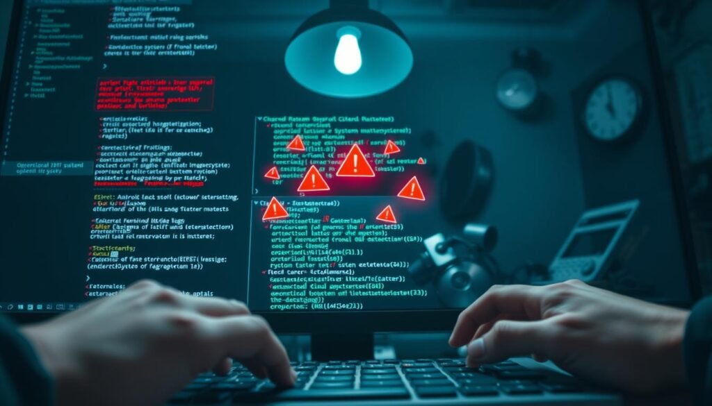 A close-up view of a computer screen displaying complex code and error notifications related to Android 16's operating system. In the foreground, a pair of hands in professional business attire are typing on a keyboard, emphasizing the urgent atmosphere of debugging. The middle layer features visual elements representing critical bugs, such as red warning signs and exclamation marks, emerging from the code. In the background, a dimly lit office setting, with a flickering overhead light and cluttered desk filled with tech gadgets, conveys a sense of urgency and focus. The lighting is dramatic, highlighting the tension of the debugging process, while soft shadows create depth and enhance the mood of frustration and determination in tackling system bugs.